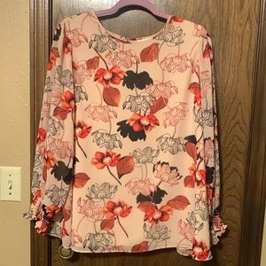 AVA & VIV PLUS SIZE FLORAL PRINT LONG SLEEVE CREWNECK SMOCKED TOP